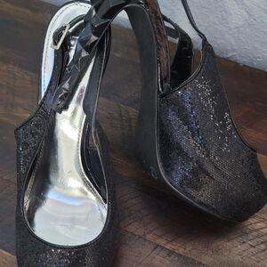 Women's Black Sequin Slingback Platform Heels